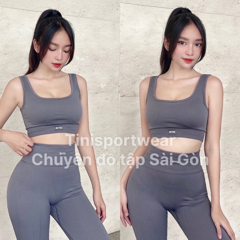 Bộ BoTee Gân Quần Dài Lưng Cao Áo Bra Sẵn Mút Lót Nâng Mông Form Chuẩn