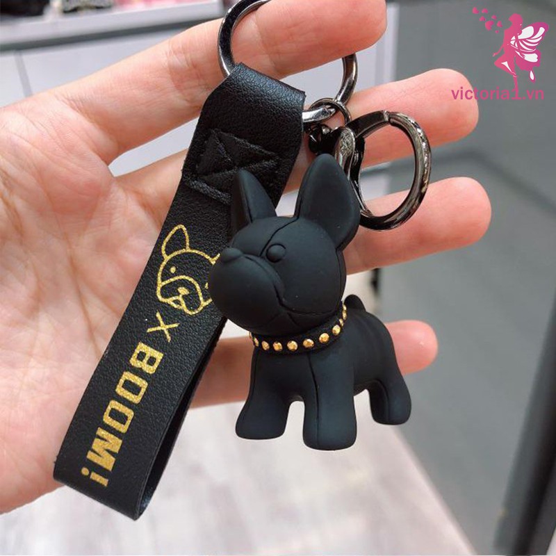 French Bulldog Keychain Fashion Punk Pu Leather Strap Dog Keychains for Women Bag Pendant Jewelry Trinket Men's Car Key