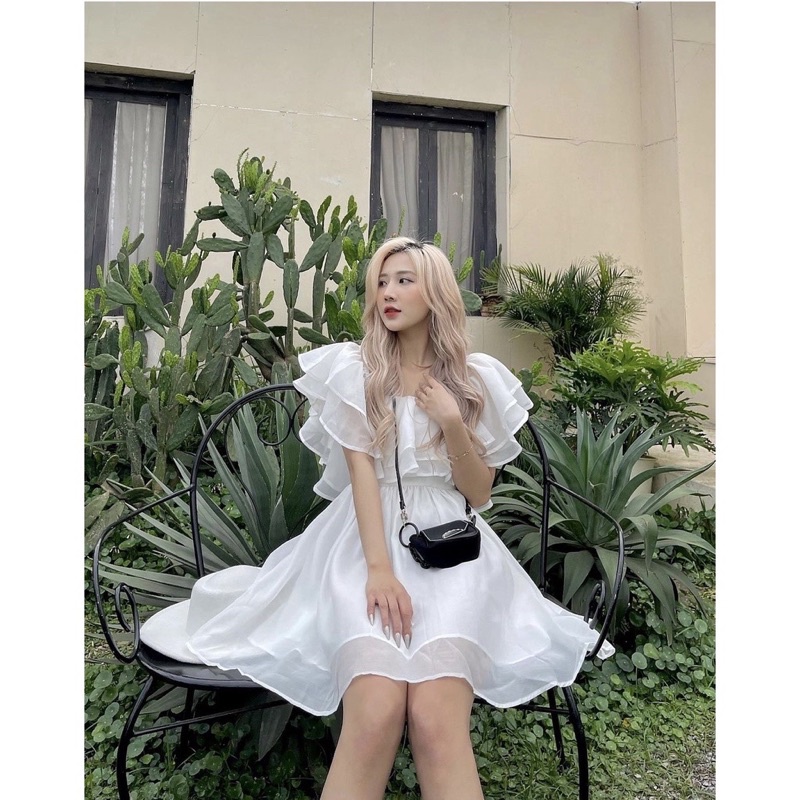 Váy trắng tiểu thư trễ vai xoè chun eo thắt dây lưng 4 màu - Đầm trễ vai bèo tầng bồng bềnh 4 màu xinh xỉu