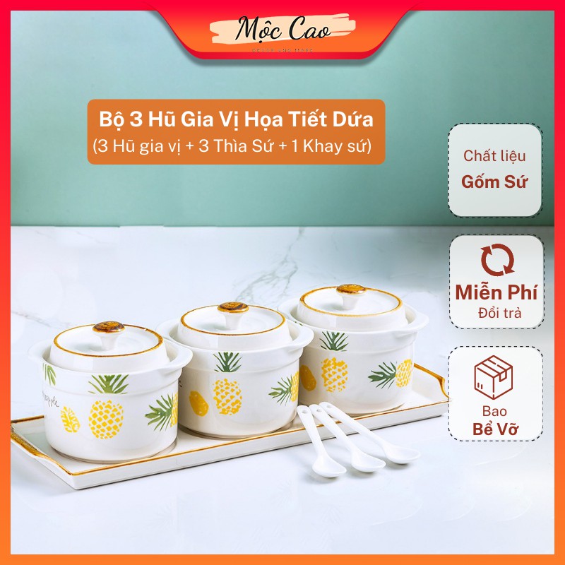 Bộ đựng gia vị, bộ 3 hũ đựng gia vị kèm khay sứ họa tiết dứa viền nâu - phụ kiện nhà bếp sang trọng