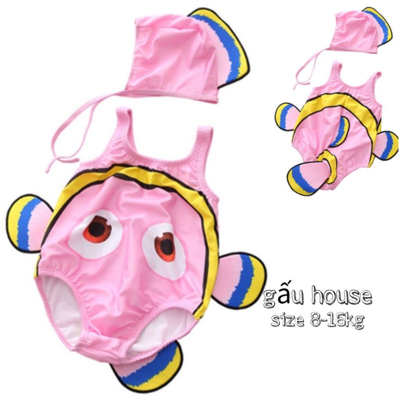 đồ bơi bé gái , bộ đồ bơi cá hề nemo hồng cho bé , set liền thân kèm mũ ngộ nghĩnh - Gấu house