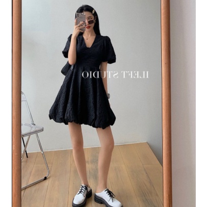 Đầm Tay Ngắn Phồng Màu Trơn Phong Cách Pháp Hoài Cổ Thời Trang 2021 Nữ Tính