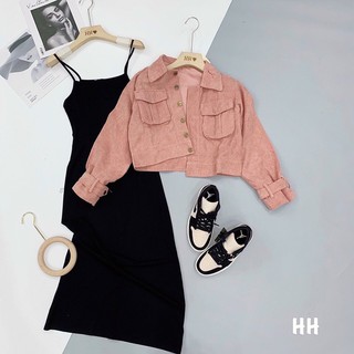 set váy đen áo khoác hồng