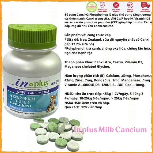 Bổ sung canxi cho chó mèo 120 viênFREESHIP Inplus Goat Milk Calcium từ sữa dê và trà xanh chắc Xương Khớp từ USA,Mỹ