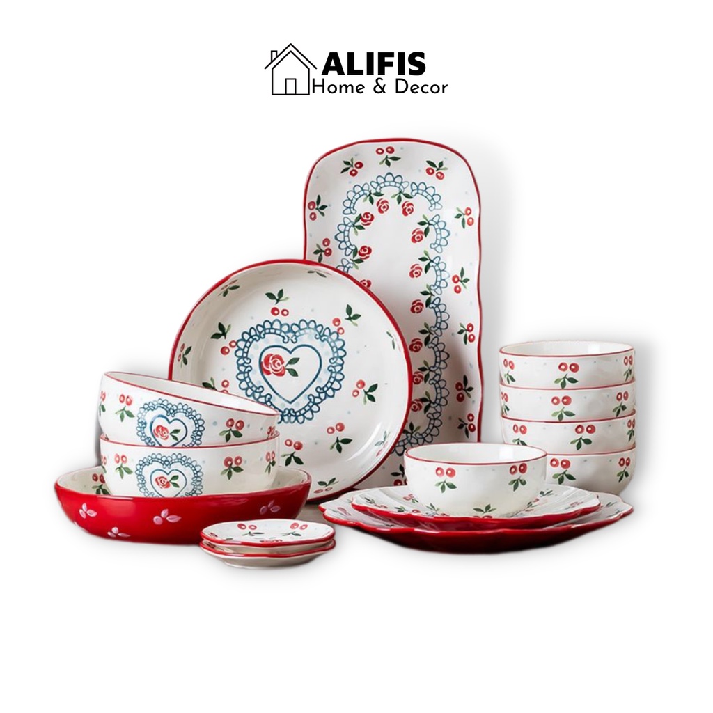 Bát đĩa sứ , chén đĩa decor lẻ họa tiết Cherry đỏ phong cách Hàn Quốc
