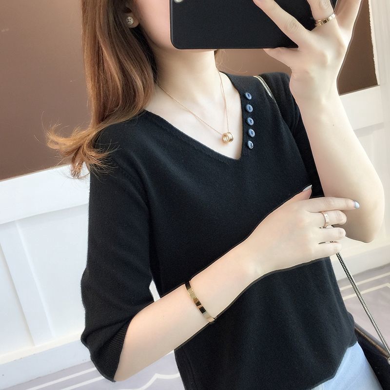 Áo Sơ Mi Dệt Kim Chui Đầu Tay Lửng Dáng Rộng Cổ Chữ V Cài Nút Điều Hòa Không Khí Thời Trang Preppy Mới Cho Nữ
