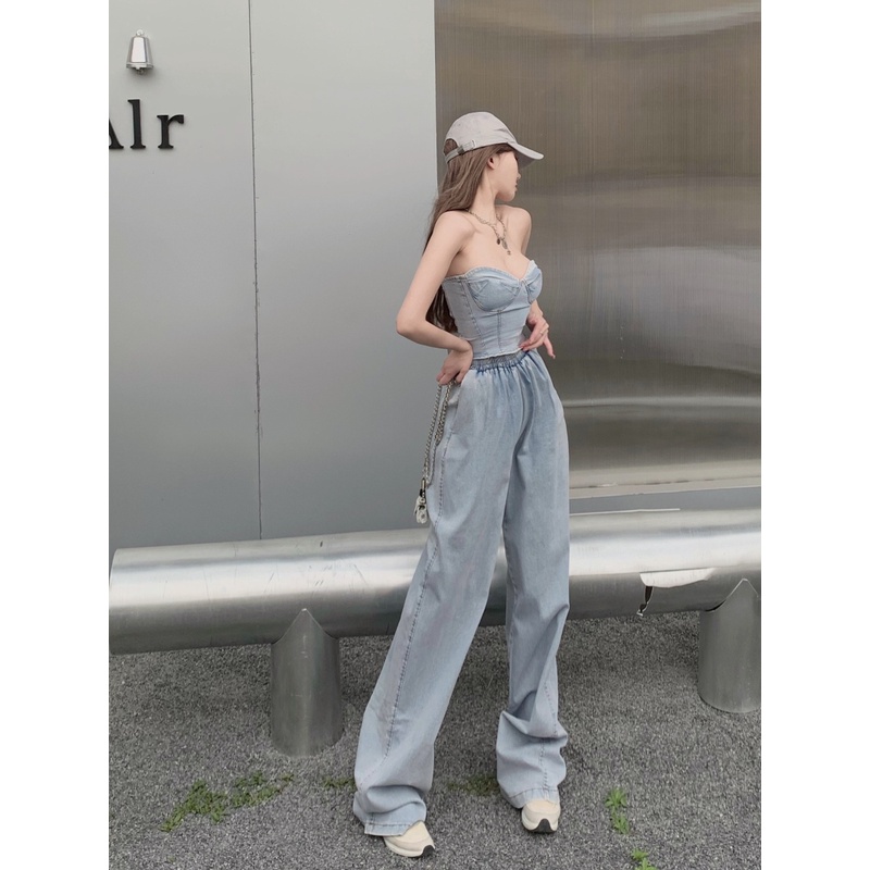 Set áo ống jeans xanh croptop cúp ngực hở vai lưng sexy + quần dài cao eo thun chân ống rộng ulzzang sang trọng