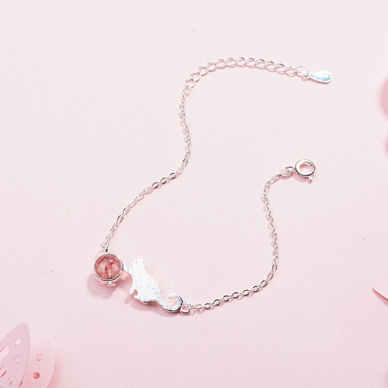 Lắc Tay Hình Con Mèo Chạm Ngọc Hồng Dịu Dàng Xinh Xắn/ Vòng Tay Con Vật Đính Ngọc