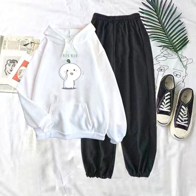 Sét bộ áo Hoodie hạt mầm Leuleu + quần bom đen, Áo nỉ Unisex from rộng, thiết kế phong cách, Sét bộ mặc ở nhà - MODY