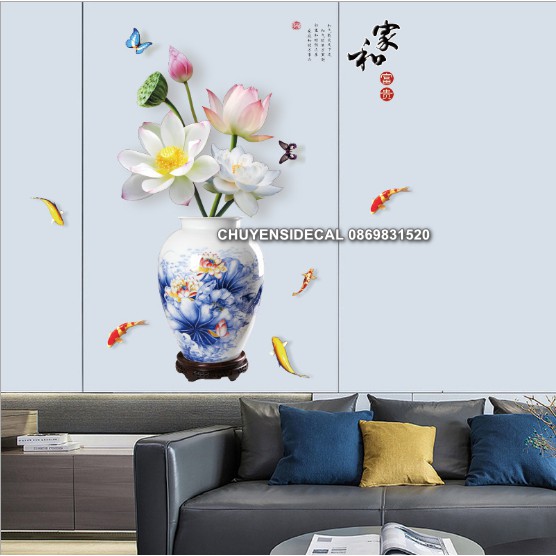 Decal dán tường - Chậu Sen Trắng 3D quý phái