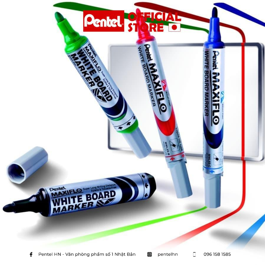 Bút Dạ Bảng Pentel MWL5 | Mực Ra Đều | Có Thể Viết Ở Tư Thế Dốc Ngược | 3 Màu Mực