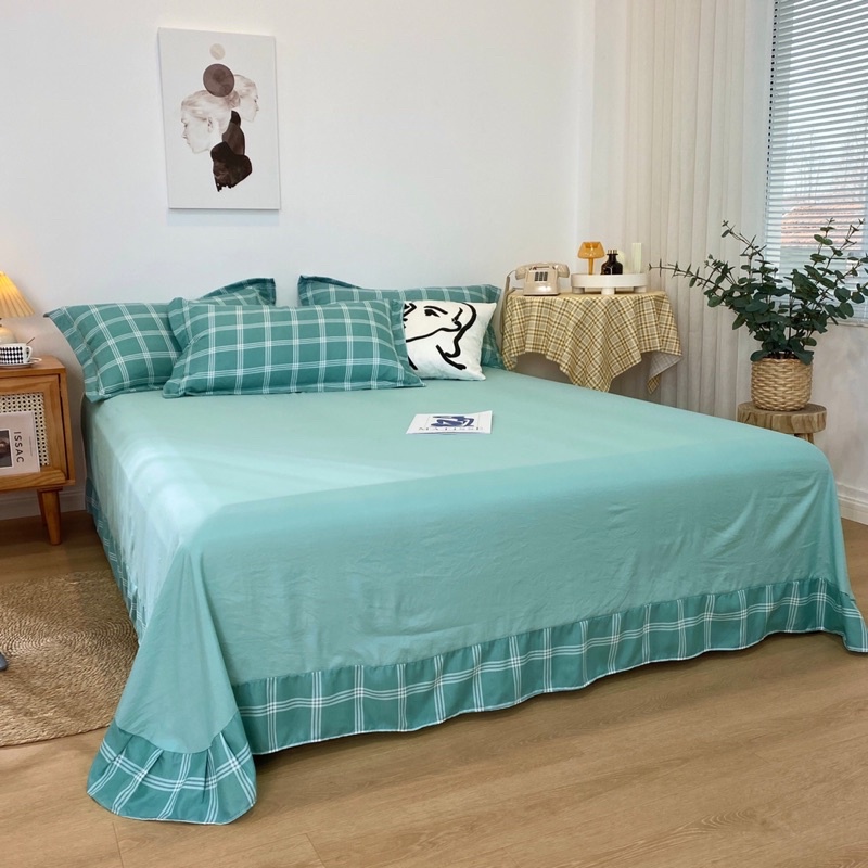 Bộ chăn ga gối đũi Hàn Quốc, sét 4 món chăn Trần hè ga gối đũi kẻ xanh cao cấp