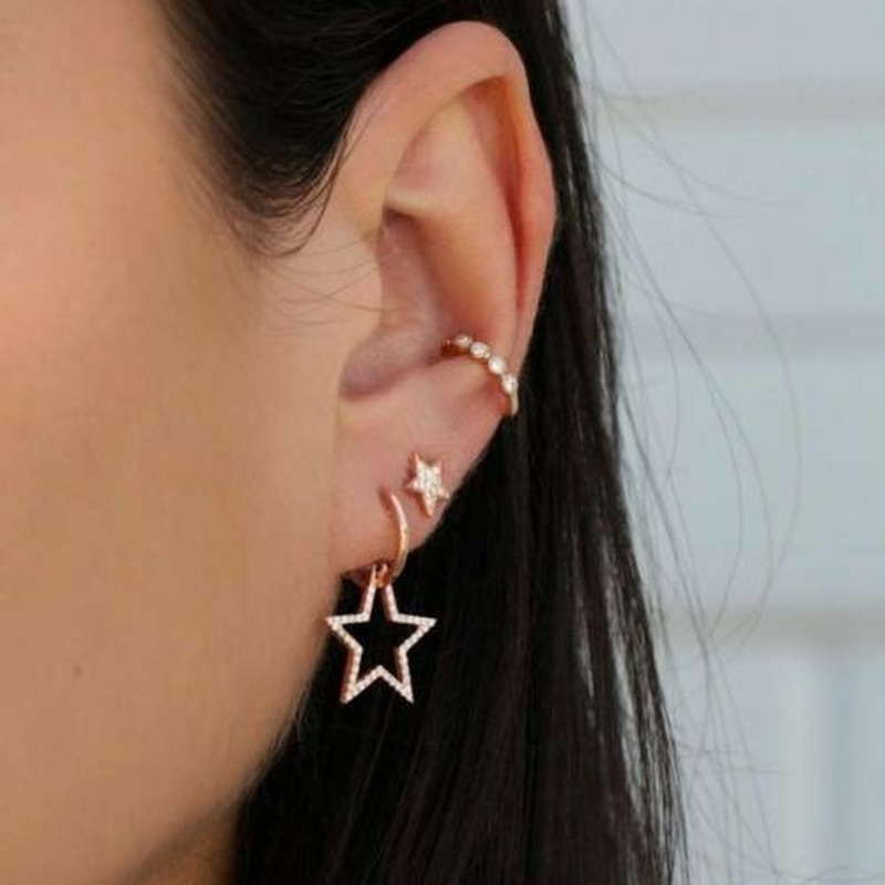 Fashion Women's Crystal Star Ear Stud Cuff Star Pendant Stud Hoop Earrings