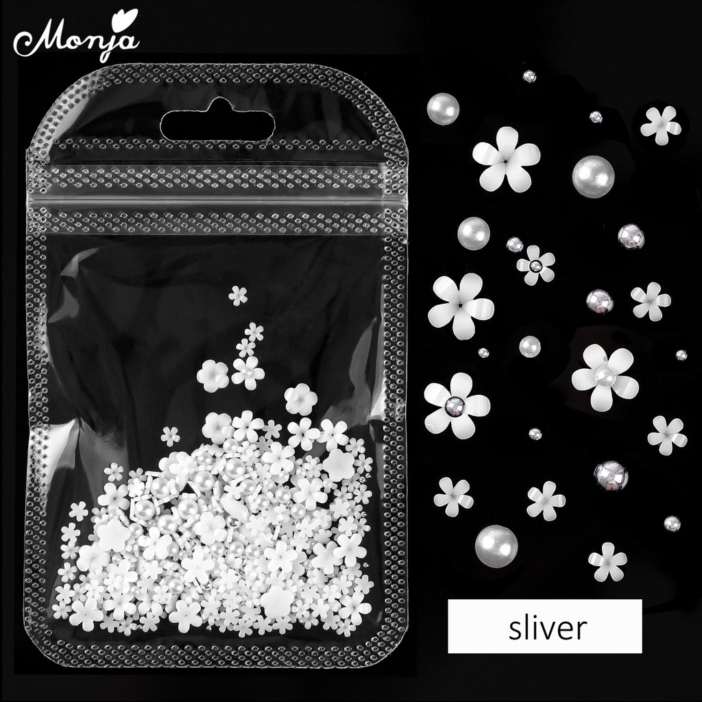 MONJA 1 Túi Hạt Cườm Hình Hoa Trắng 3D Bằng Thép Bạc / Ngọc Trai / Cánh Hoa Trang Trí Móng DIY
