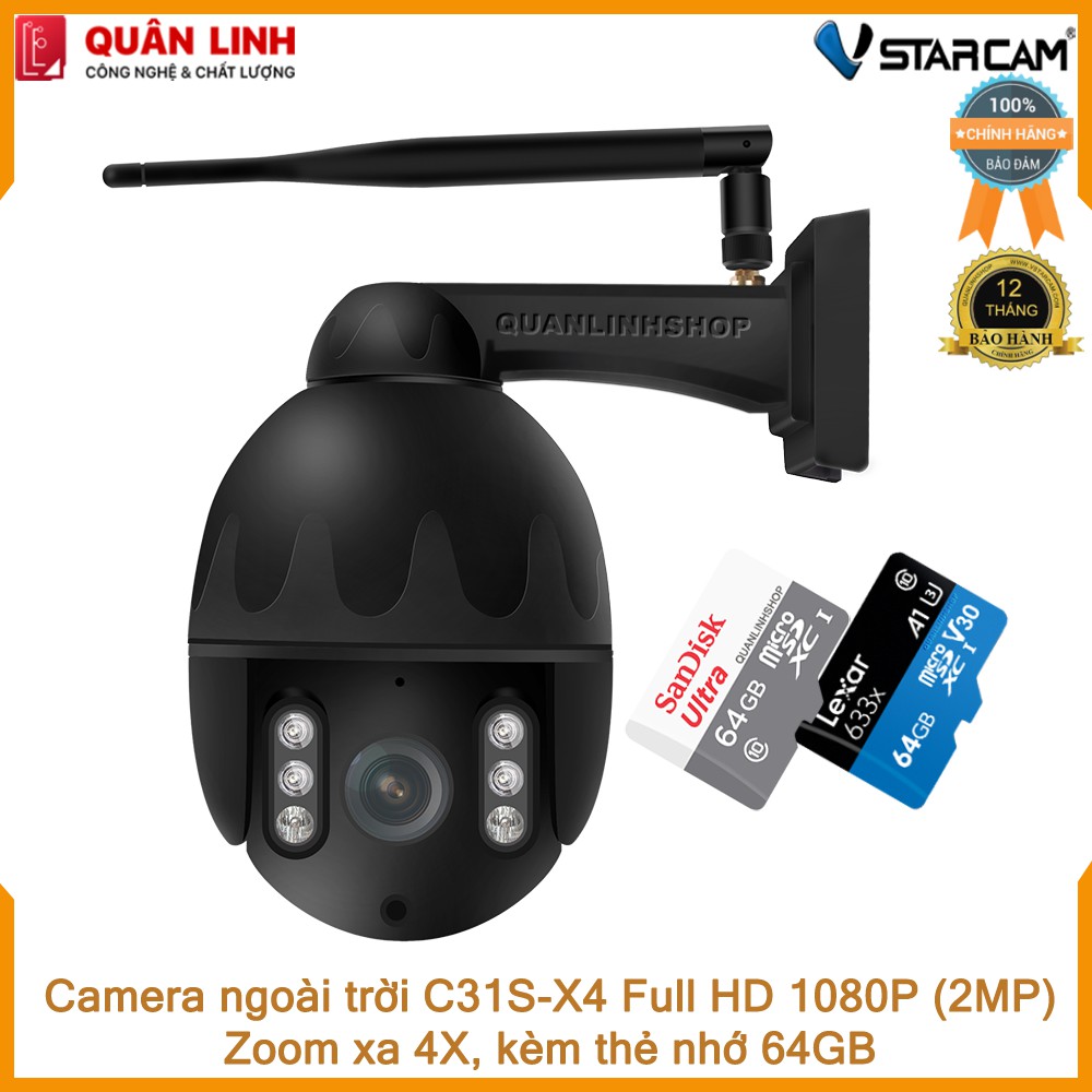 Camera giám sát IP Wifi hồng ngoại ngoài trời zoom xa 4X Full HD 1080P 2MP Vstarcam C31s-X4 kèm thẻ 64GB