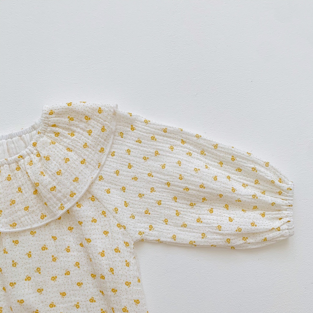 Bộ Áo Liền Quần Tay Dài In Hoa Chất Liệu Cotton Dễ Thương Cho Bé Gái