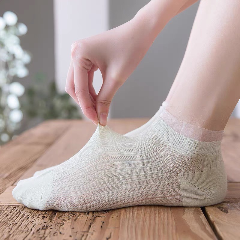 Set 10 Đôi Tất Nữ Trơn Cổ Bèo Lưới Phong Cách Vintage Hàn Quốc Xinh Xắn
