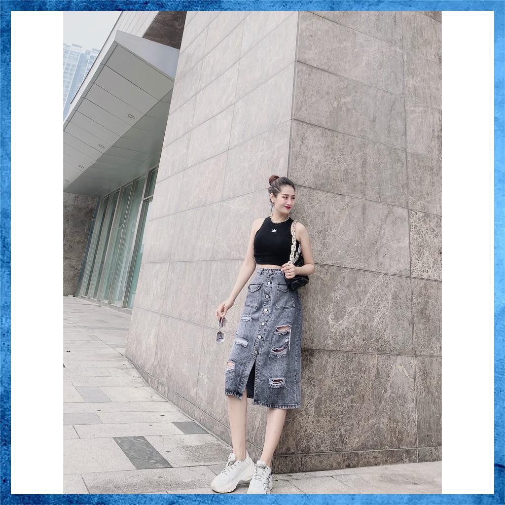 Chân váy jeans dáng dài, chân váy bò rách lưng cao túi nắp 1 khuy. Mã V0145