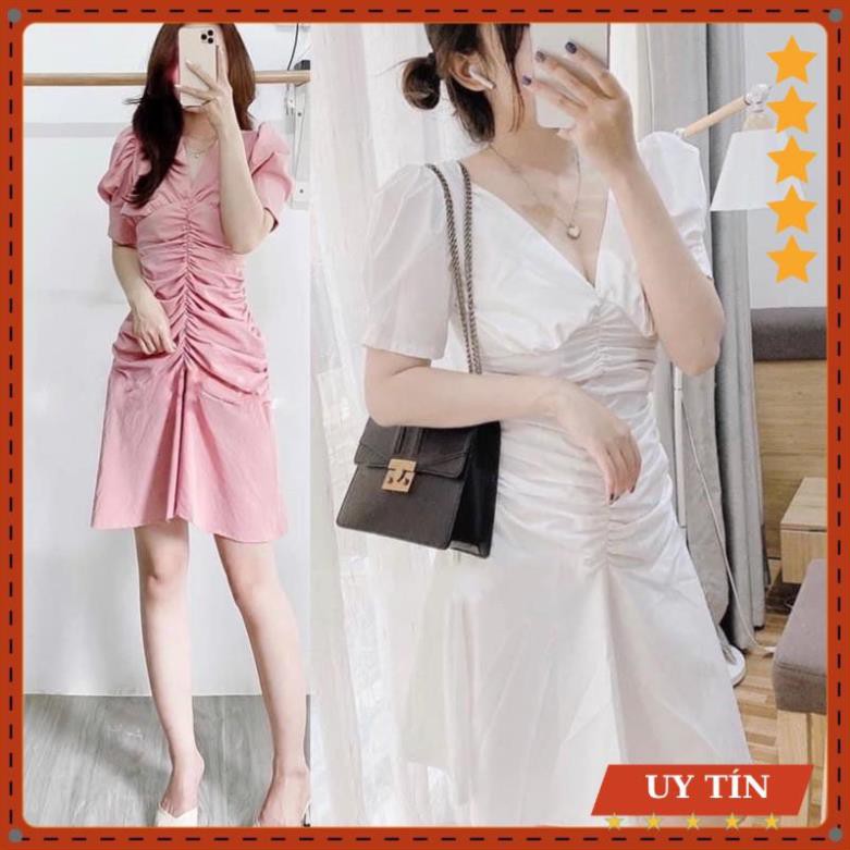 Đầm trắng,váy cổ V nhún thân bèo đuôi cá Eva_home_fashion