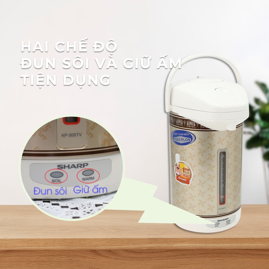 Bình Thủy Điện Inox Sharp KP-30STV 100 độ Đun Nước Nóng Giữ Nhiệt Công Suất 670W Dung Tích 2.9L