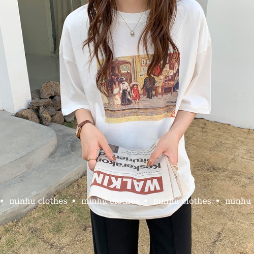 Áo phông nữ form rộng tay lỡ in hình dân gian chất cotton thoáng mát MINHU CLOTHES - AT05