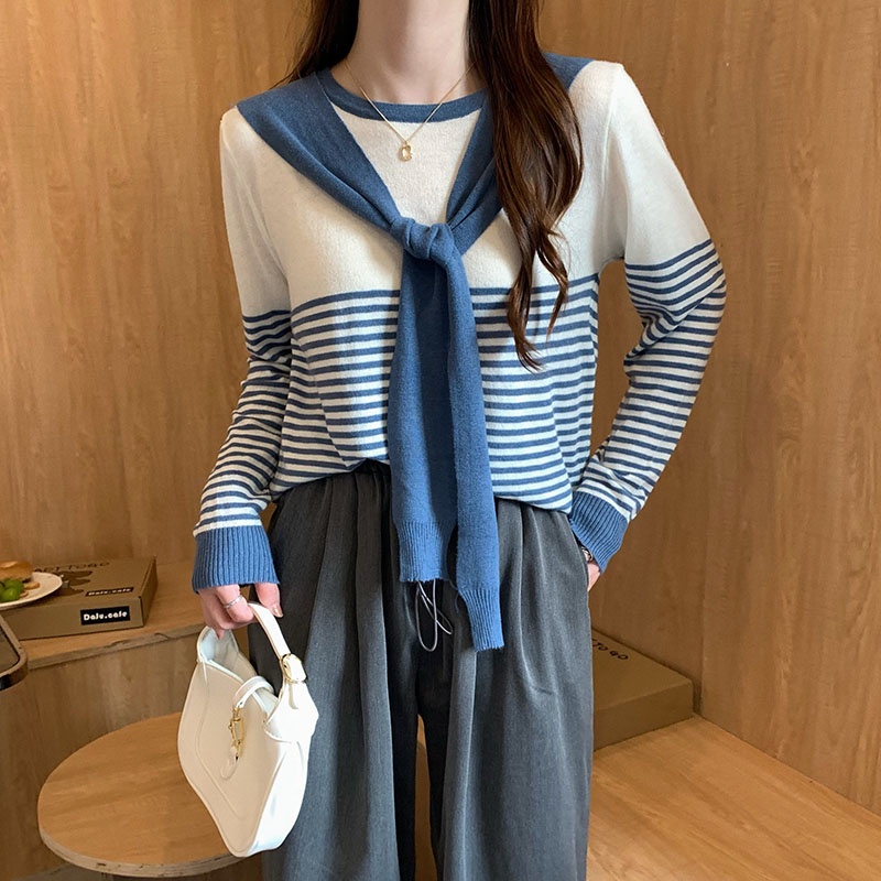 Áo len ZHELIHANGFEI tay dài họa tiết kẻ sọc thời trang dễ phối đồ cho nữ