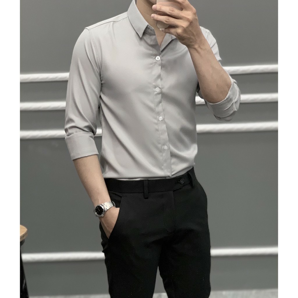 Áo Sơ Mi Nam trắng dài tay Hàn Quốc form body, vải lụa Thái chống nhăn | BigBuy360 - bigbuy360.vn