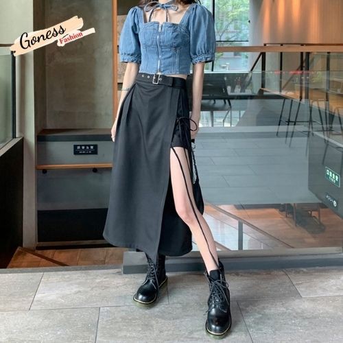 Chân váy dài Goness dáng chữ a xẻ cạnh thắt nơ có kèm đai phong cách ulzzang