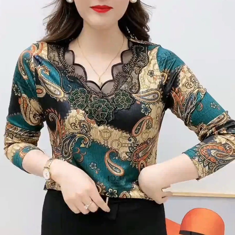 Áo thun tay dài phối ren phong cách Tây Âu ôm dáng thanh lịch dành cho phụ nữ trung niên