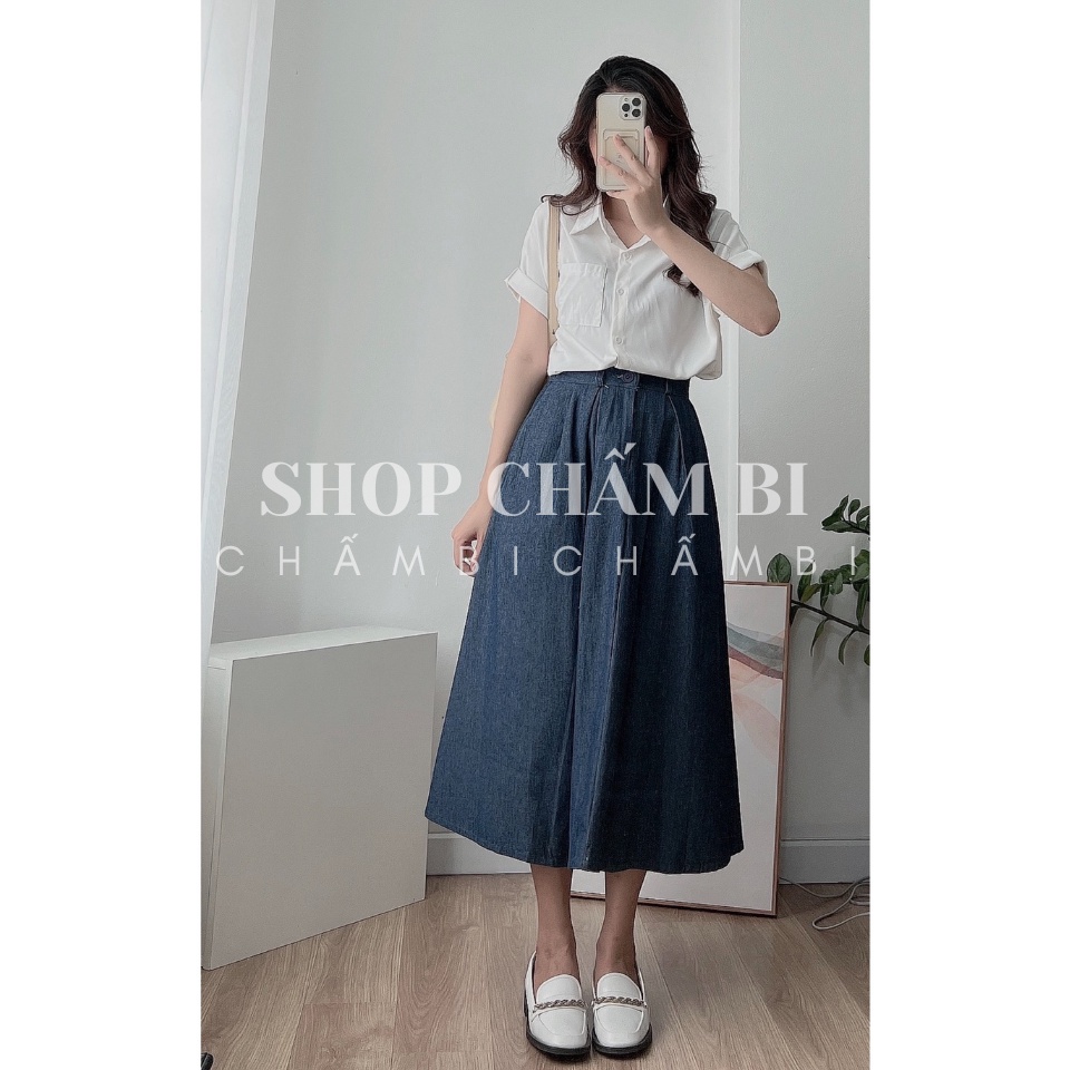 Chân váy jean dáng dài CV.018, Chân váy chun sau cạp khoá cài cúc xếp ly dáng xoè dài cách điệu - Thời trang nữ Chấm Bi