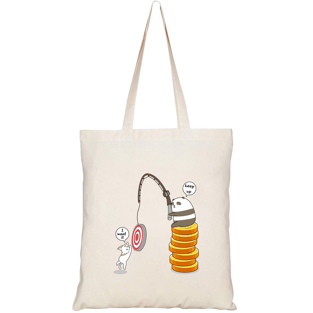 Túi vải tote canvas HTFashion in hình kawaii panda is fishing cat HT136