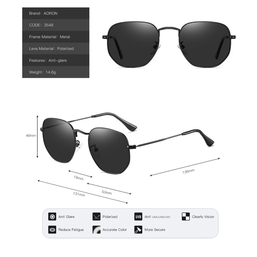 Kính Mát Thời Trang AORON Dành Cho Nam Và Nữ Mắt Kính Phân Cực Chống Tia UV Gọng Kim Loại Phong Cách Hàn Quốc - AK024