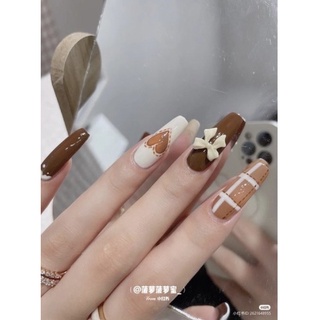 Nailbox nâu caro đính nơ đáng yêu