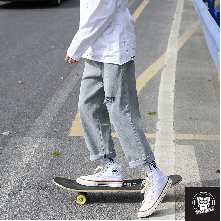 [xả kho lẻ size] Quần jean ống rộng nam nữ unisex màu xanh ghi rách 2 bên 653 Pon.mens | BigBuy360 - bigbuy360.vn