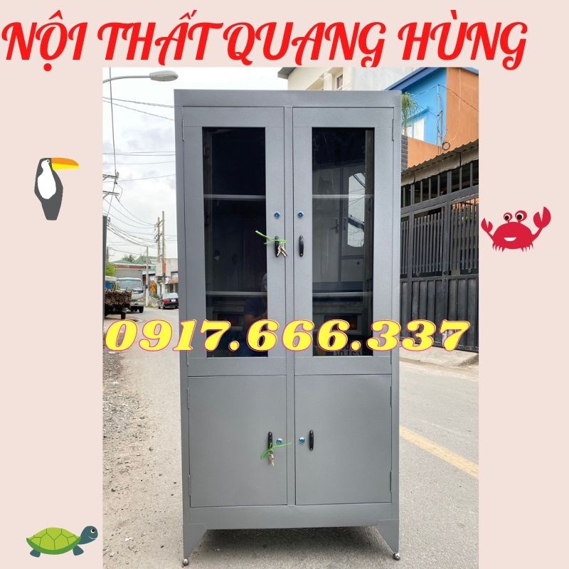 TỦ HỒ SƠ SƠN DẦU 4 CÁNH CÓ KÍNH MÀU XÁM - FREE SHIP