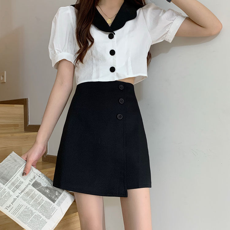 suit new short sleeve shirt+stitching skirts Two piece set