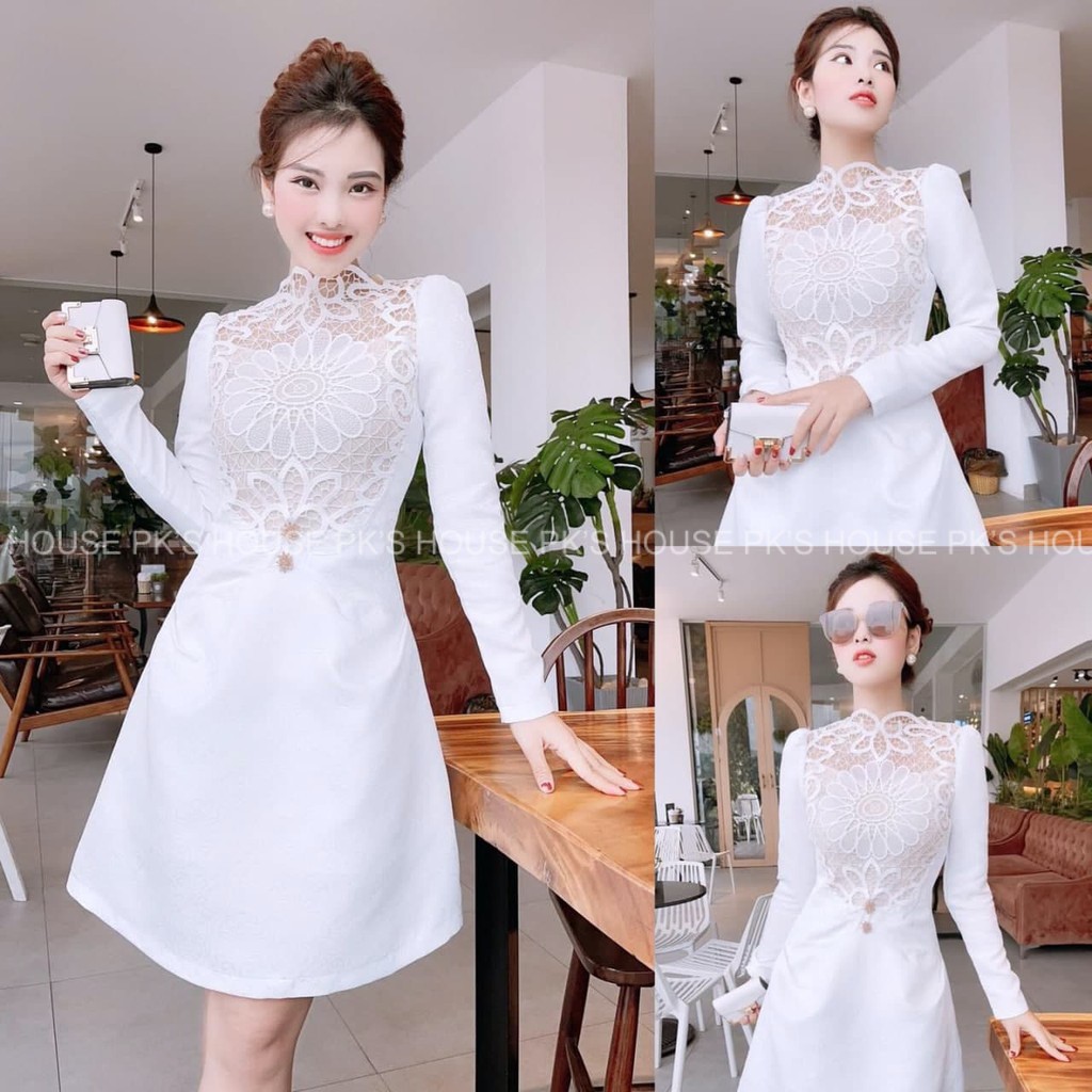 Váy Thiết Kế Dáng Xoè Phối Hoa Ren Ngực V1810, Đầm Thiết Kế Gấm Cao Cấp - PK Official