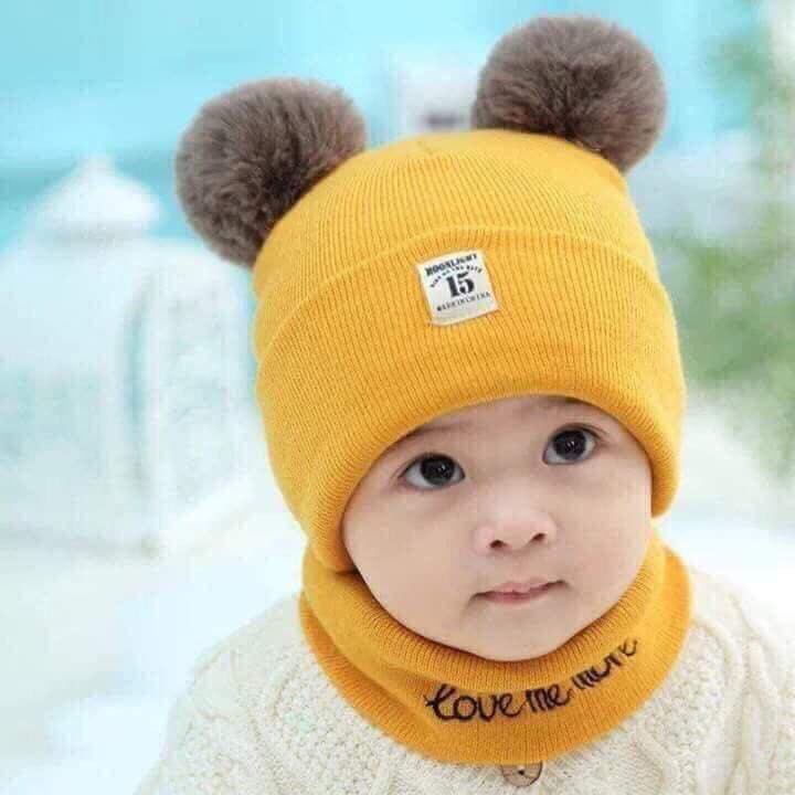 Set mũ và khăn 2 quả bông, mũ len cho bé KHÔNG lót lông KM-07