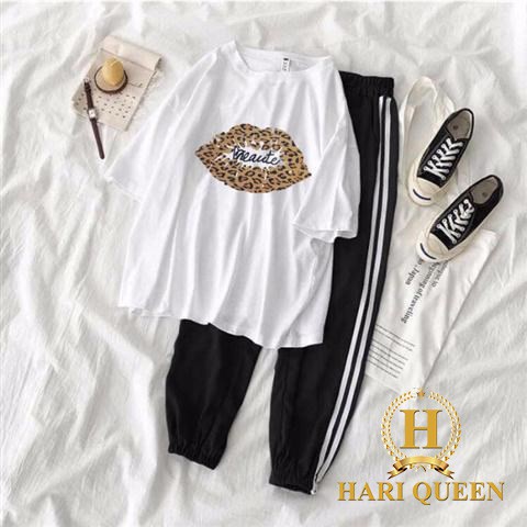 Sét áo môi + quần đen 2 sọc bo ống HARI0720