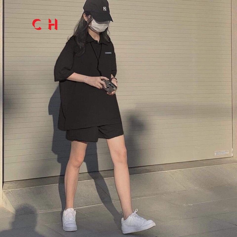 Sét đùi polo đen chữ nhỏ in tim CH12