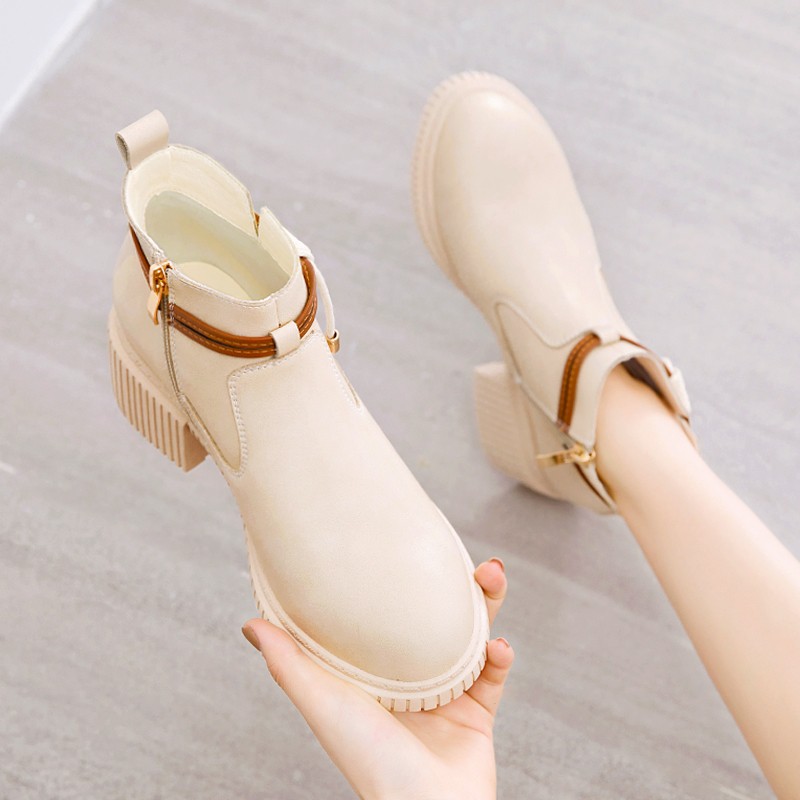 Giày bốt phong cách Anh quốc cổ cao đế cao 5cm phối dây