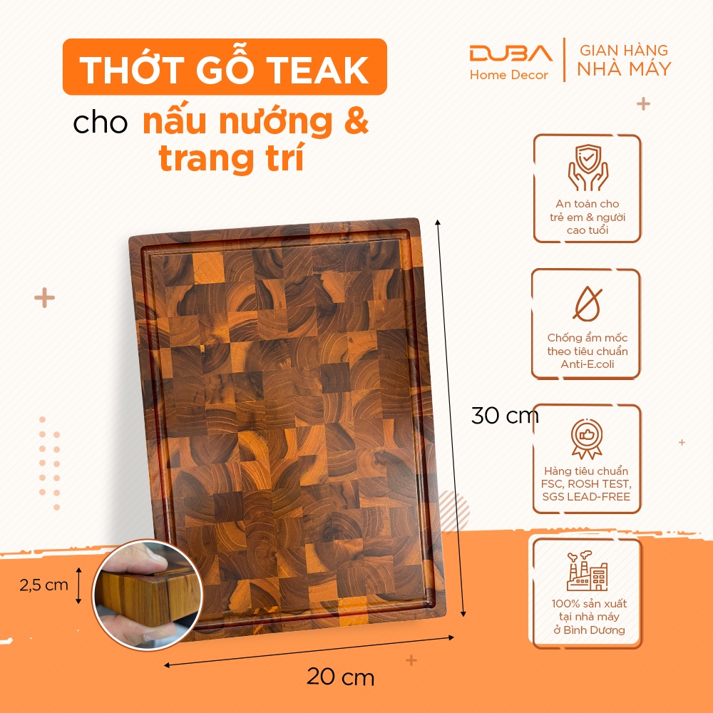 Thớt gỗ teak, thớt đầu cây thương hiệu Duba với độ bền vượt trội so với thớt gỗ nghiến - ISO 9001