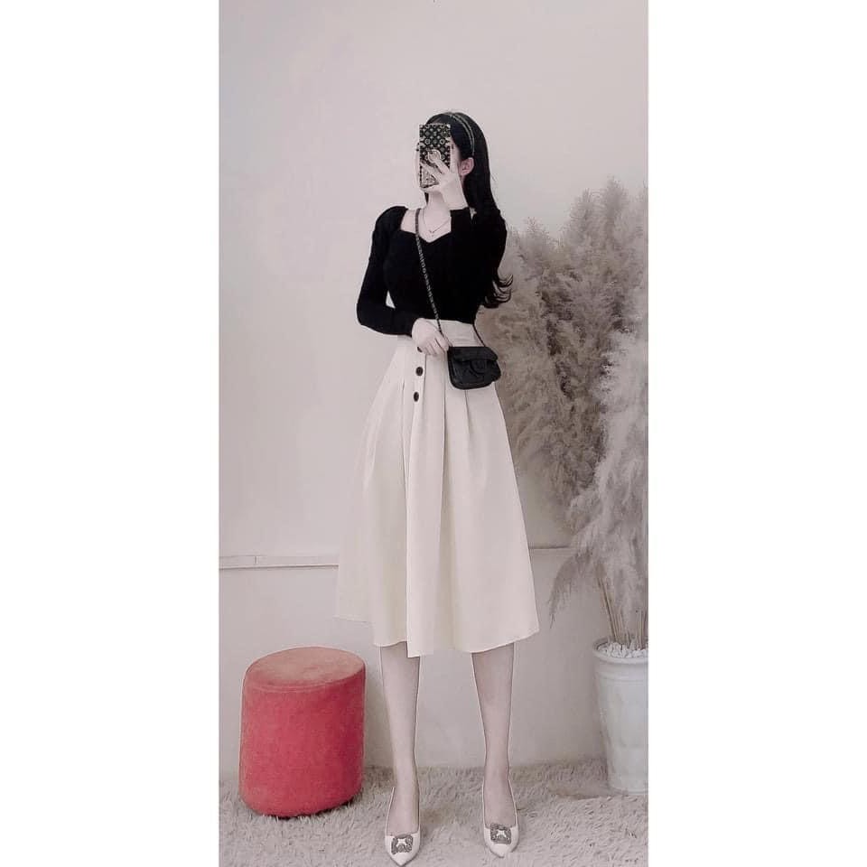 Set váy nữ tiểu thư chân váy nút màu da phối với áo thun tay dài thời trang dạo phố, công sở Quocanh