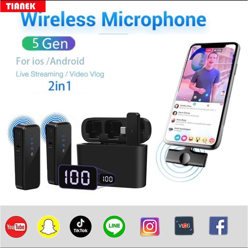 Bộ 2 micro thu âm không dây TIANKE T5Micrô không dây 2in1 cho điện thoại có sạc Micrô chống ồn thông Cese cho YouTube