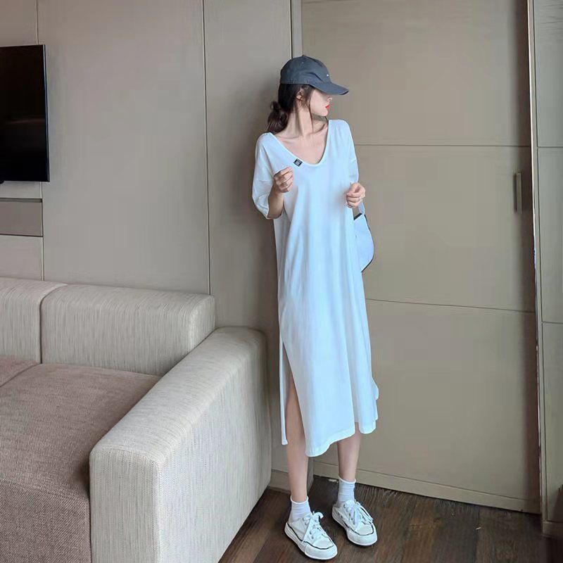 Đầm Thun Dài Qua Gối Tay Ngắn Cổ Chữ V Xẻ Tà Quyến Rũ Dành Cho Nữ