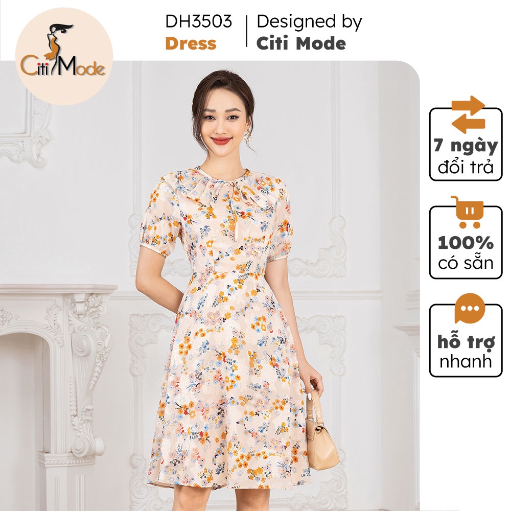 Đầm xòe hoa nude CITI MODE chất Voan cổ xếp ly buộc dây DH3503