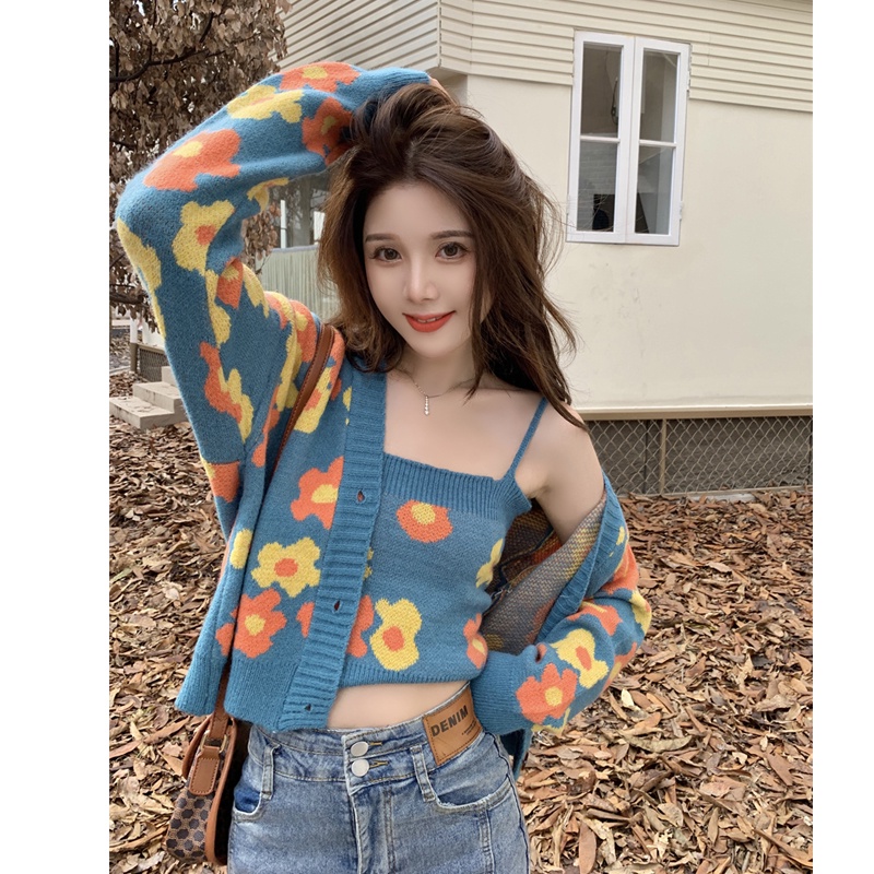 Áo Cardigan Dệt Kim Tay Dài In Hoa Mùa Thu Cho Nữ (Bán Riêng Biệt)