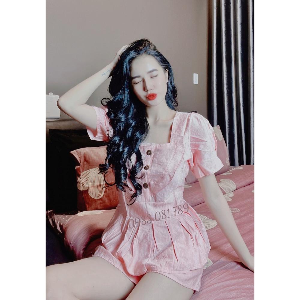 Sét Bộ Đũi Thái Áo Xếp Ly Cổ Vuông Quần Short , Bộ Đũi Hàn Mặc Nhà, Đi Chơi, Đi Biển