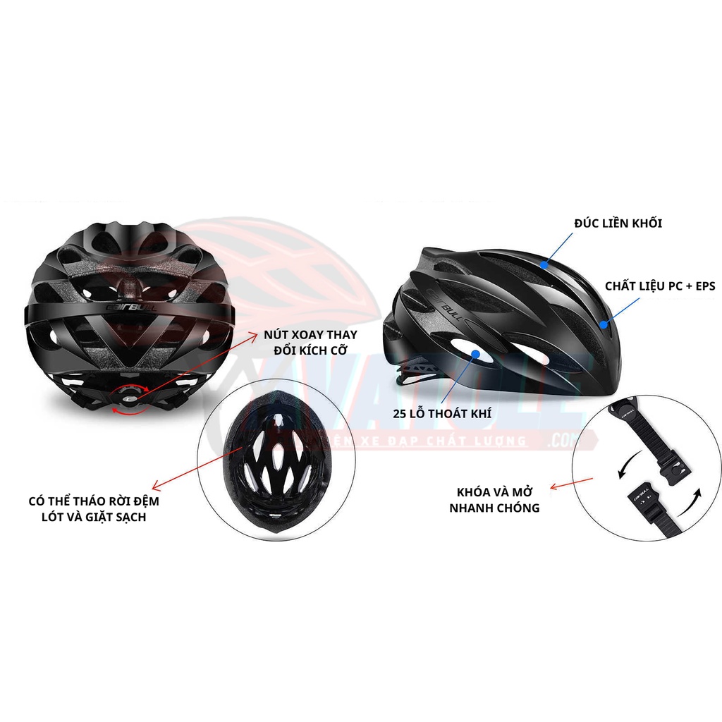 Mũ bảo hiểm thể thao Cairbull Unisex, Cấu tạo vỏ polycarbonate, 25 lỗ thông gió, Màu đỏ