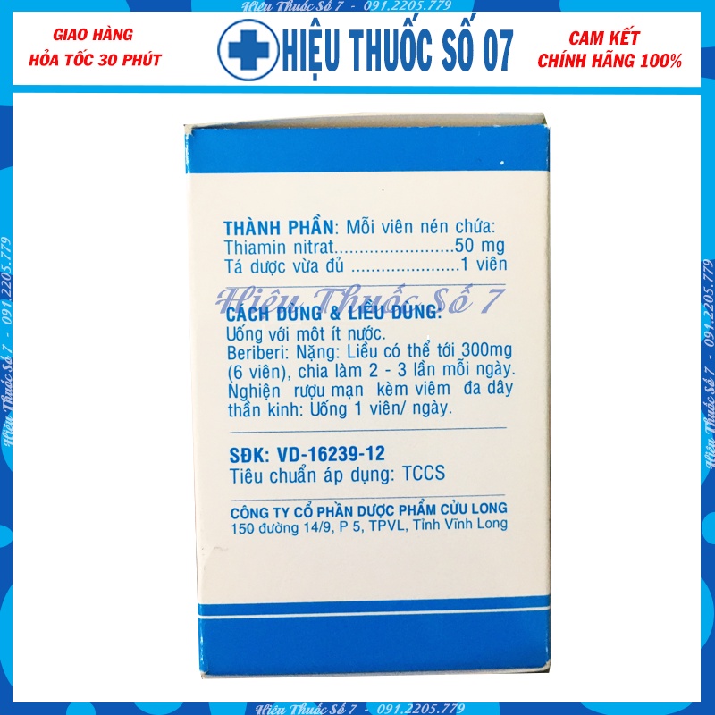 Viên uống Vitamin B1 50 mg lọ 100 viên (Công ty cổ Phần Dược phẩm Cửu Long)
